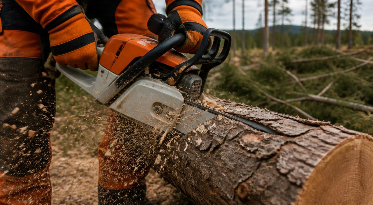 Kettensäge nach dem Schärfen mit dem UltraSaw beim Schnitt durch einen Stamm